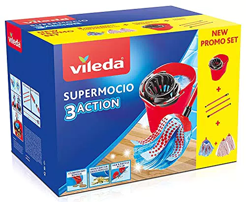 Vileda SuperMocio Box, Sistema Lavapavimenti, Set Con Strizzatore, 2 Fiocchi Microfibra & Power, 1 Fiocco 3Action, Manico 3 Pezzi