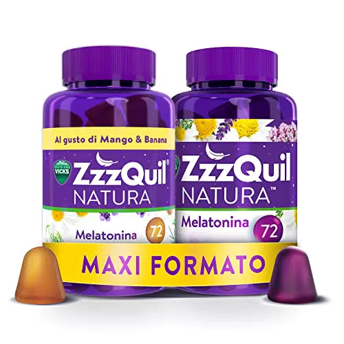 ZzzQuil Natura Integratore con Melatonina pura ed Estratti Di Valeriana, Maxi Formato 2x72 Pastiglie Gommose, Gusto Mango e Banana, Frutti di Bosco