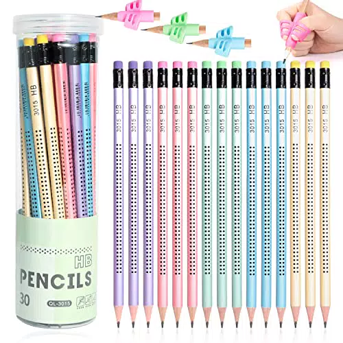 30 Pezzi Matite HB in Legno con 3 Matita Grip, HB-Matita in Grafite con Gomma per Bambini