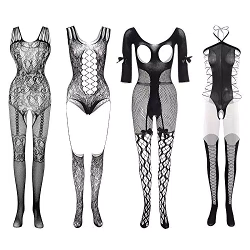 4 Pezzi da Donna Sexy Babydoll Body Calze di Pizzo Lingerie Floreale a Rete Maglia Lingerie da Notte per Data Romantica Indossando