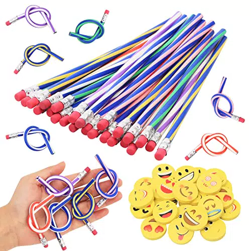 48PZ Pieghevoli Matite Flessibili e Gomme Emoji Set- Pieghevoli Matita Morbida Flessibile