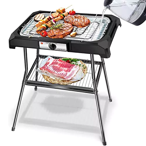 Aigostar Lava Pro - Griglia senza fumo, griglia per barbecue elettrica con piedini e tavolo da esterno. Antiaderente con vassoio rimovibile