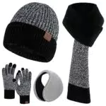 Guanti invernali in maglia con sciarpa, cappello termico e paraorecchie touch, grigio/nero