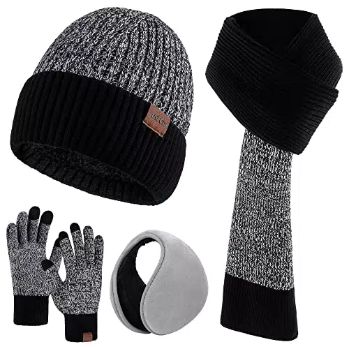 Guanti invernali in maglia con sciarpa, cappello termico e paraorecchie touch, grigio/nero