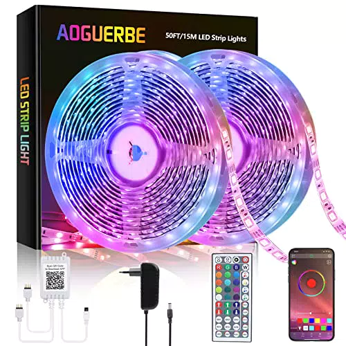 AOGUERBE LED Striscia 15M, Intelligente Led Strisce con 44 Tasti TelecomandoED Strip RGB con App Controllo Modalità Musica e Micuci a LED Colorate da Camera/Decorazioni/Cucina/Bar/Festa/Letto