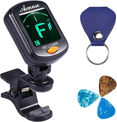 Asmuse Accordatore Clip per Chitarra Violino Ukulele Basso Elettrico Auto-Off Universale Tuner Cromatico with 3 Plettri Alice/Batteria e Porta plettri