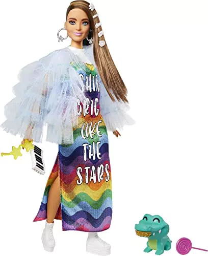 Barbie- Extra Bambola Castana con Vestito Arcobaleno e Giacca Azzurra