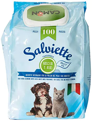 Camon Salviette Detergenti Per La Pulizia Del Pelo Fragranza Muschio E Aloe - 30x17 centimetres - Pezzi 100 Per Cani E Gatti