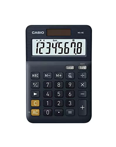 CASIO - Calcolatrice da tavolo MS-8E, 8 cifre, funzione di conversione valute e tasto correzione ultima cifra. Alimentazione combinata