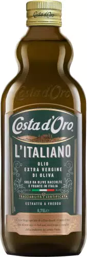 Costa d'Oro L'Italiano 750 ml. Olio extravergine di oliva estratto a freddo da olive 100% italiane. Bottiglia da 75 cl