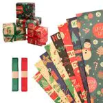Cozlly 8 Fogli Carta da Regalo Natalizia Kraft, 70x50cm Carta da Regalo Natale con 2 Rotoli di Nastro