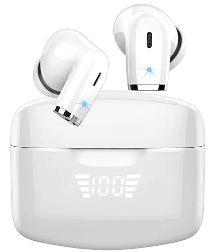 Cuffie Bluetooth, Auricolari Bluetooth 5.3 con 2 HD Microfono, Cuffie Wireless Sport In Ear, Cuffiette Bluetooth Senza Fili con Stereo HiFi, LED Display, IP7 Impermeabili, 40H Bianco (2023 Nuova)