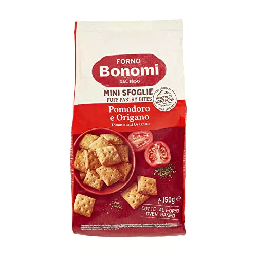 Forno Bonomi, Mini Sfoglie Pomodoro e Origano. Snack pronti da gustare per una pausa o per un aperitivo sfizioso con gli amici. Confezione da 150 grammi