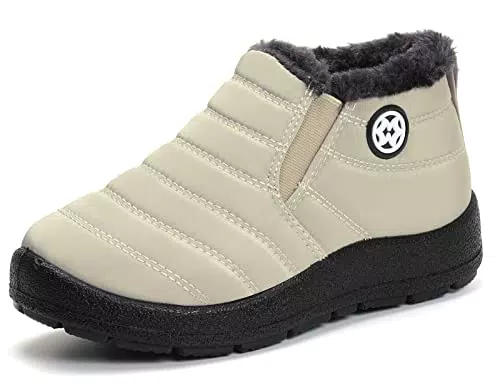 Gaatpot Stivali da Neve Ragazzi Ragazze Scarpe Invernali Bambini Fodera Calda Stivali Piatto Impermeabili Stivaletti Morbide Antiscivolo Beige#3 = 35 CN