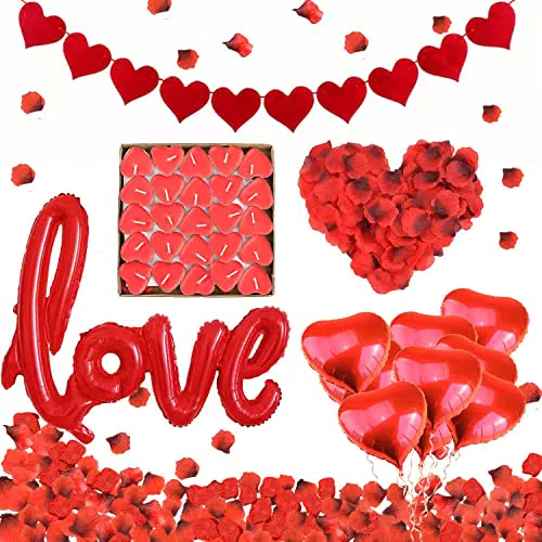 Gohytal Romantico Decorazioni, 1000 Petali di Rosa Rossa+1 “LOVE” Palloncini+50 Candela Cuore Rosso+10 Cuore Rosso Palloncino Decorazioni Ideale per valentine Matrimoni Anniversari San Valentine
