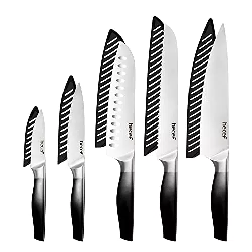 hecef Set di 5 coltelli da cucina nero sfumato, set di coltelli da chef con lama satinata e manico cavo e guaine protettive