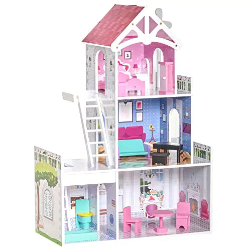 homcom Casa delle Bambole in Legno a 3 Piani con Scale e Accessoritruttura in MDF
