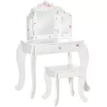 homcom Kids Vanity Table & Stool Girls Dressing Set Make Up Desk Chair Dresser Play Set with Rotatable Mirrors Drawer Star & Heart Pattern White