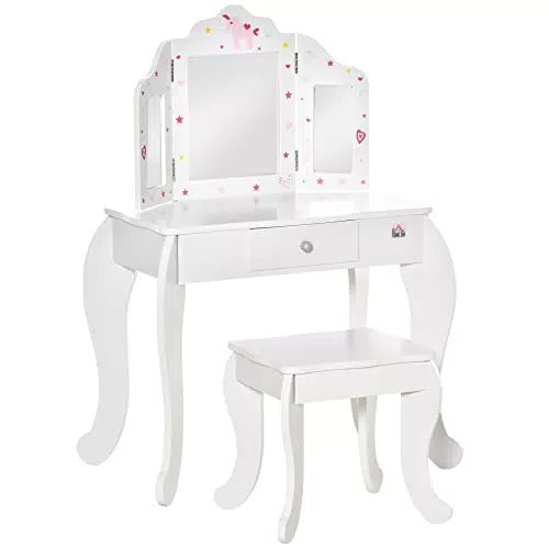 homcom Kids Vanity Table & Stool Girls Dressing Set Make Up Desk Chair Dresser Play Set with Rotatable Mirrors Drawer Star & Heart Pattern White