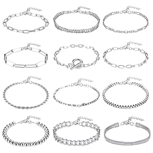 JeweBella 12 Pezzi Cavigliera Donna Argento/Oro Boho Regolabile Cavigliera Bracciale Estate Spiaggia Gioielli Set