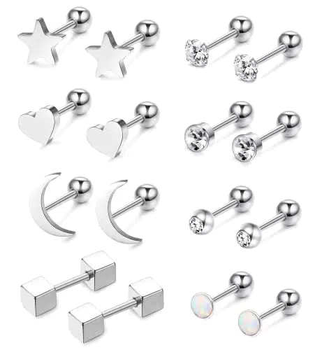 JeweBella 8-12 Paia Piccoli Orecchini Donna Set Acciaio Chirurgico Ipoallergenici Orecchini Cartilagine Helix Tragus Orecchini Stella Luna CZ Orecchini Bilanciere Piercing Orecchio per Donna Uomo