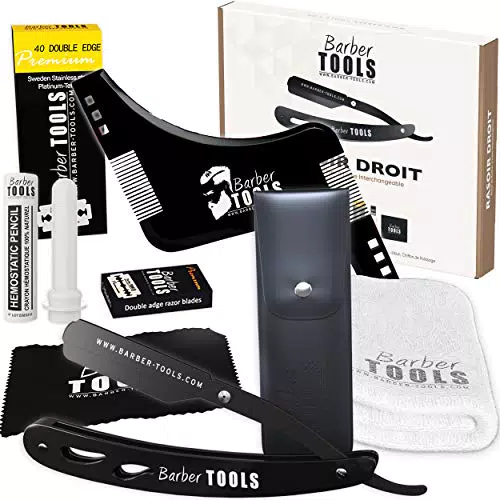 Kit per la rasatura - Lama intercambiabile da barbiere + 40 lame doppie + panno + stick di allume + custodia + telo da barba + asciugamano da barba + pettine per stencil