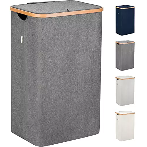 Lonbet - Cesto Portabiancheria Sporca per Bagno Grigio - XL 100 L - Cesta Portabiancheria in Bambú con Coperchio - Porta Biancheria Sporca con Manici - Cesto Panni Sporchi