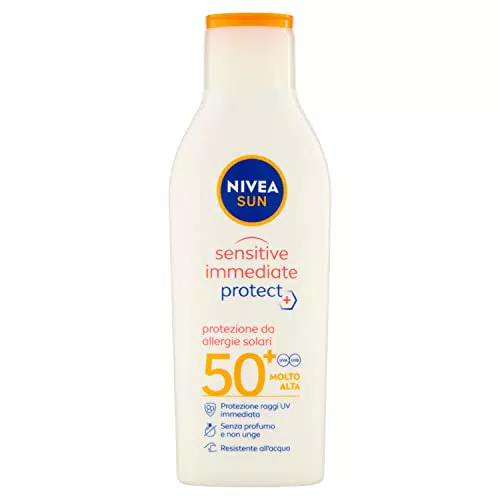 Nivea SUN Crema Solare Sensitive Immediate Protect FP50+ in flacone da 200 mlatte solare con Aloe Vera e Antiossidanti