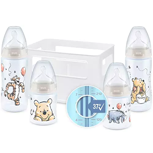 NUK First Choice+ Starter set biberon, 0-6 mesi, 4 biberon con controllo della temperatura e porta biberon