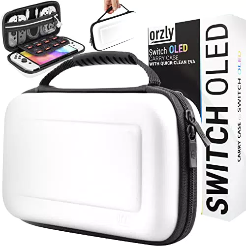 Orzly Custodia Originale per Nintendo Switch OLED - Console Bianca con Borsa per Accessori e Giochi in Storage Interno - Kit Protettivo da Viaggio Incluso - Case Facile da Pulire - Edizione Gift Box