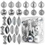 Prextex Palline di Natale Argento per Decorazioni Natalizie - 24 Pezzi Addobbi Natalizi Infrangibili per Albero di Natale con Gancio - Decorazioni Albero di Natale