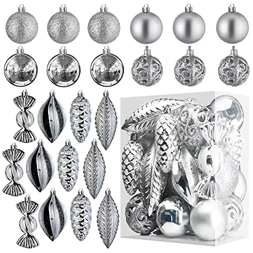 Prextex Palline di Natale Argento per Decorazioni Natalizie - 24 Pezzi Addobbi Natalizi Infrangibili per Albero di Natale con Gancio - Decorazioni Albero di Natale