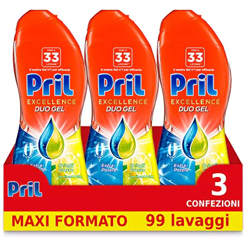 Pril Excellence Duo Gel, Detersivo in Gel, azione sciogligrasso