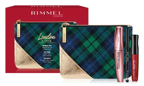 Rimmel London, Confezione Regalo Donna London Look, Pochette Metalizzata e Tartan con Mascara Wonder'Luxeatita Occhi Soft Kohl Kajal e Rossetto Opaco Stay Matte