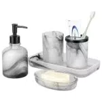 Shinowa Set di 5 Accessori da Bagno in Vetro, con Portasapone Portaspazzolino Dispenser per Sapone Liquido Vassoio Portaoggetti con Coperchio Antipolvere Bicchiere Perfetto per Bagno - Inchiostro