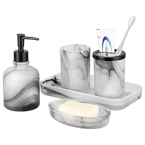 Shinowa Set di 5 Accessori da Bagno in Vetro, con Portasapone Portaspazzolino Dispenser per Sapone Liquido Vassoio Portaoggetti con Coperchio Antipolvere Bicchiere Perfetto per Bagno - Inchiostro