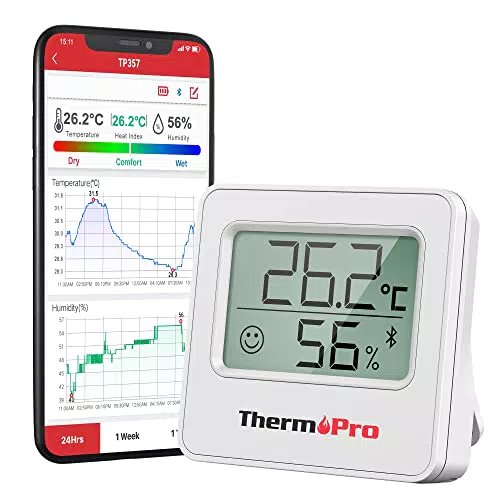 ThermoPro TP357 Termometro Ambiente 80 Metri Bluetooth Interno Ricezione  con APP Termometro da Casa con Monitor