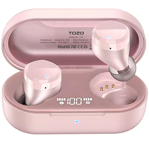 TOZO T12 Auricolari Wireless Bluetooth Cuffie touch control e custodia di ricarica Display a LED digitale IPX8 Auricolari impermeabili Microfono incorporato Bassi profondi per lo sport Oro Rosa