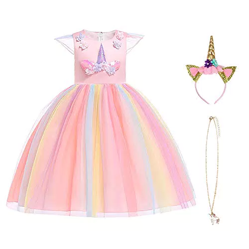 URAQT Ragazza Vestito Unicorno, Ruffles Fiori Festa Cosplay Abito da Sposa Carnevale Ballo Abito Festa di Compleanno Vestito della Principessa per Bambine