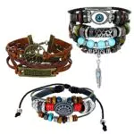Yolev Bracciale in Pelle Boho in 3 Pezzi Bracciale Multistrato Regolabile con Albero della Vita Diabolico con Ciondolo in Piuma Bracciale Uomo Donna