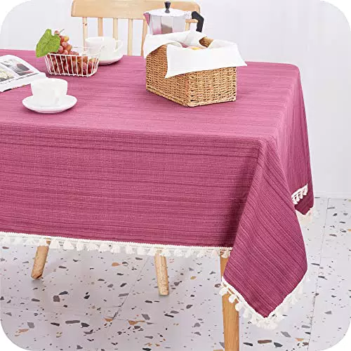 Amazon Brand - Umi Tovaglia di Lino Antimacchia Rettangolare con la Frangia 130x280cm Fucsia