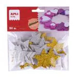 APLI Kids 18971 - Stelle in EVA adesive glitterate in colore oro e argento - 50 stelle di misure assortite