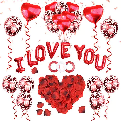 ASANMU Kit di decorazioni per San Valentino, 1000 petali rosa + palloncini a forma cuore Valentino romantici matrimoni
