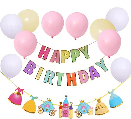 Bandiera Buon Compleanno Macaron+Decorazione di Striscioni Castello Macchina di Zucca Abito da Principessa+10 Palloncini Ghirlanda Striscione Compleanno Decorazione Per Festa di Compleanno Ragazze