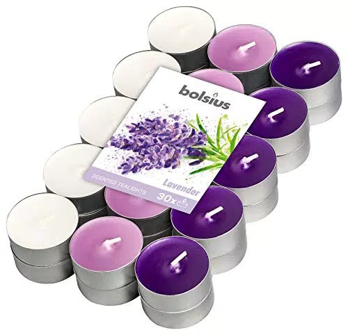 Bolsius Multicolor Tealight Profumate - Fragranza Lavanda - Set di 30 Unità - 3 Colori - Lunga Durata di 4 Ore - Candele Decorative - Cera - Senza Fumo
