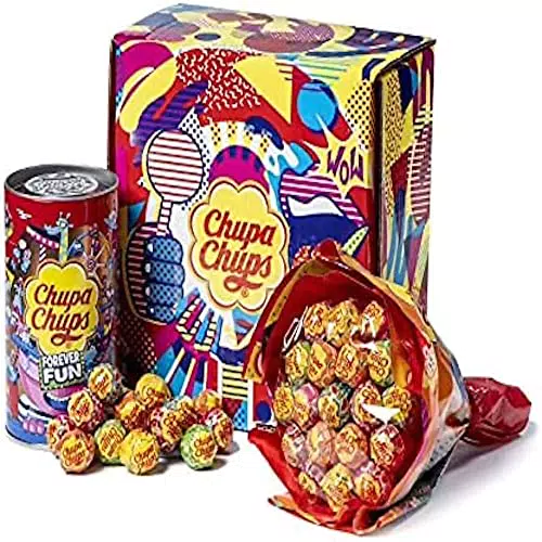 Chupa Chups Gift Box, Confezione Regalo con Flower Bouquet Chupa Chups da 19 Lollipop e Mini Latta Salvadanaio da 16 Lollipop