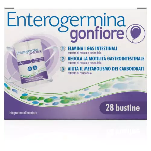 Enterogermina Gonfiore, Integratore Alimentare con Probiotici, 28 Bustine Gusto Pesca
