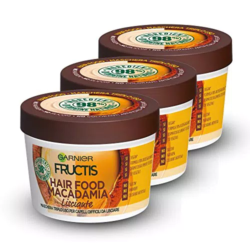 Garnier Maschera Lisciante Fructis Hair Food, Maschera disciplinante 3in1 con formula vegana per capelli difficili da lisciare