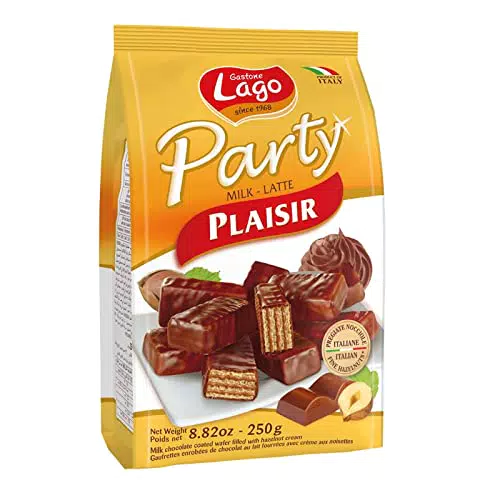 Gastone Lago Party Plaisir 250g, Wafer Ricoperti con Cioccolato al Latte e Farciti con Crema alla Nocciola 53% con 5 Strati Friabili di Wafer