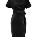 GRACE KARIN Elegante Abito Velluto Cerimonia da Donna Manica Corta con Cintura Vestito Sera Party Nero L